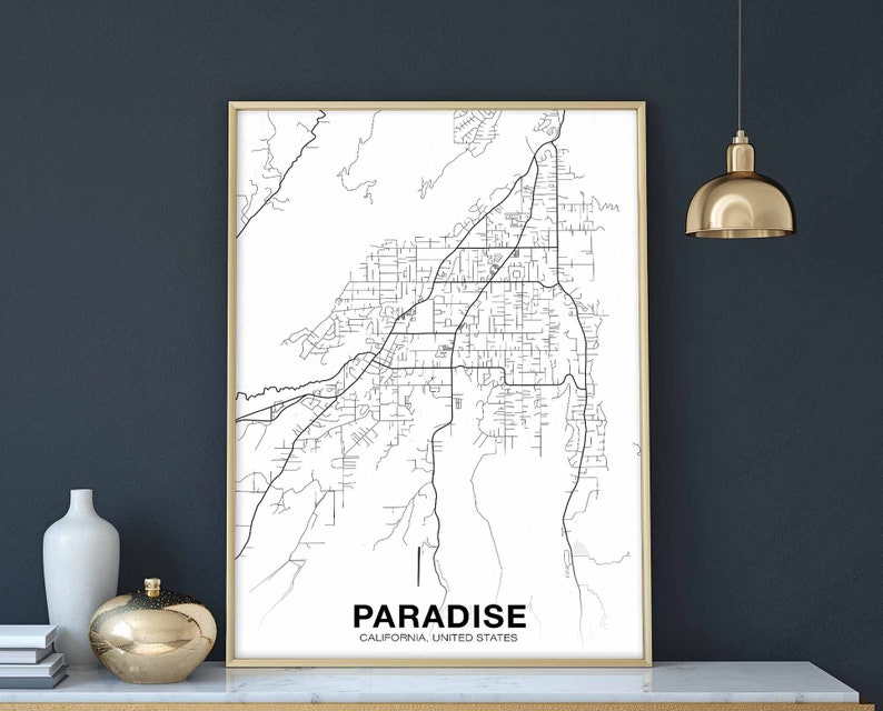 PARADISE California ca usa mapa póster negro blanco Ciudad natal Imprimir Decoración moderna Decoración de la oficina Decoración de la pared Arte Dormitorio Dormitorio Regalo imagen 1