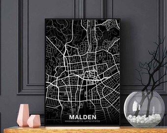 MALDEN Massachusetts MA USA map poster black white Hometown City Print Modern Home Decor Office Decoration Wall Art Dorm Bedroom Gift