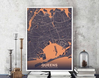 QUEENS New York NY USA map poster colors Hometown City Print Modern Home Decor Office Decoration Wall Art Dorm Bedroom Gift