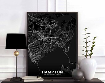 HAMPTON Virginia VA USA map poster black white Hometown City Print Modern Home Decor Office Decoration Wall Art Dorm Bedroom Gift