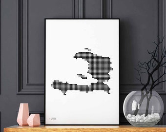 HAITI minimal dots retro map poster black white wall decor design modern swiss scandinavian nordic housewarming travel