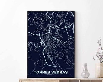 TORRES VEDRAS Portugal map poster color night blue Hometown City Print Modern Home Decor Office Decoration Wall Art Dorm Bedroom Gift