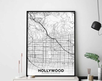 HOLLYWOOD California CA usa map poster black white Hometown City Print Modern Home Decor Office Decoration Wall Art Dorm Bedroom Gift