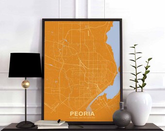 PEORIA Illinois IL USA map poster color Hometown City Print Modern Home Decor Office Decoration Wall Art Dorm Bedroom Gift