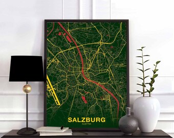 SALZBURG Austria map poster color Hometown City Print Modern Home Decor Office Decoration Wall Art Dorm Bedroom Gift