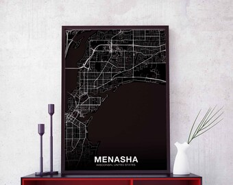 MENASHA Wisconsin USA map poster black white Hometown City Print Modern Home Decor Office Decoration Wall Art Dorm Bedroom Gift