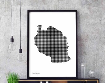 TANZANIA minimal dots retro map poster black white wall decor design modern swiss scandinavian nordic housewarming travel