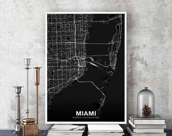MIAMI Florida FL USA map poster black white Hometown City Print Modern Home Decor Office Decoration Wall Art Dorm Bedroom Gift