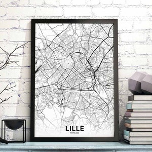 LILLE France carte affiche noir blanc ville natale ville impression moderne décor à la maison bureau décoration mur art dortoir chambre cadeau