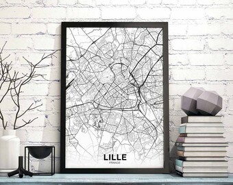 LILLE France map poster black white Hometown City Print Modern Home Decor Office Decoration Wall Art Dorm Bedroom Gift