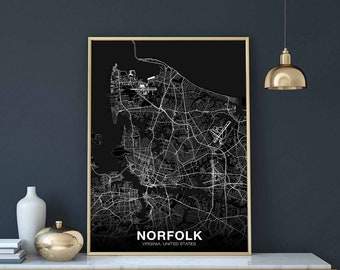 NORFOLK Virginia VA USA map poster black white Hometown City Print Modern Home Decor Office Decoration Wall Art Dorm Bedroom Gift