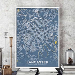 LANCASTER Pennsylvania PA US Map Poster Color Hometown City Print Modern Home Decor Office ...