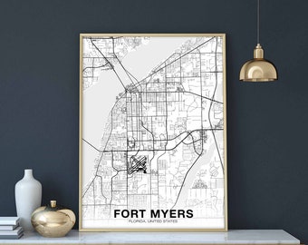 FORT MYERS Florida FL usa map poster black white Hometown City Print Modern Home Decor Office Decoration Wall Art Dorm Bedroom Gift