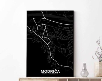 MODRICA Bosnia map poster black white Hometown City Print Modern Home Decor Office Decoration Wall Art Dorm Bedroom Gift