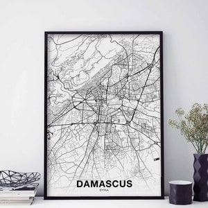 DAMAS syrie carte affiche noir blanc ville natale ville impression moderne décor à la maison bureau décoration mur art dortoir chambre cadeau