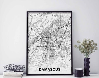 DAMASCUS Syria map poster black white Hometown City Print Modern Home Decor Office Decoration Wall Art Dorm Bedroom Gift