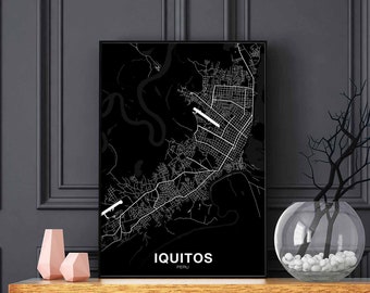 IQUITOS Peru map poster black white Hometown City Print Modern Home Decor Office Decoration Wall Art Dorm Bedroom Gift