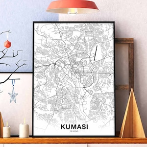 KUMASA Ghana carte affiche noir blanc ville natale ville impression moderne décor à la maison bureau décoration mur art dortoir chambre cadeau