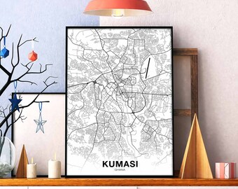 KUMASI Ghana map poster black white Hometown City Print Modern Home Decor Office Decoration Wall Art Dorm Bedroom Gift