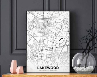 LAKEWOOD New Jersey NJ USA map poster black white  Hometown City Print Modern Home Decor Office Decoration Wall Art Dorm Bedroom Gift