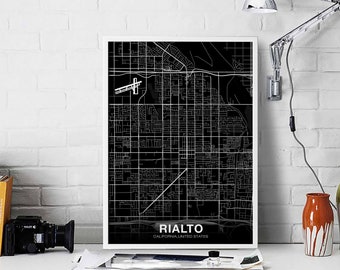 RIALTO California CA USA map poster black white Hometown City Print Modern Home Decor Office Decoration Wall Art Dorm Bedroom Gift