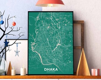 DHAKA Bangladesh map poster color Hometown City Print Modern Home Decor Office Decoration Wall Art Dorm Bedroom Gift