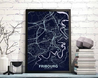 FRIBOURG Switzerland map poster color Hometown City Print Modern Home Decor Office Decoration Wall Art Dorm Bedroom Gift