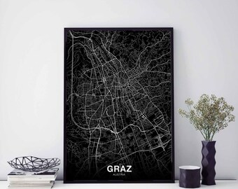 GRAZ Austria map poster black white Hometown City Print Modern Home Decor Office Decoration Wall Art Dorm Bedroom Gift