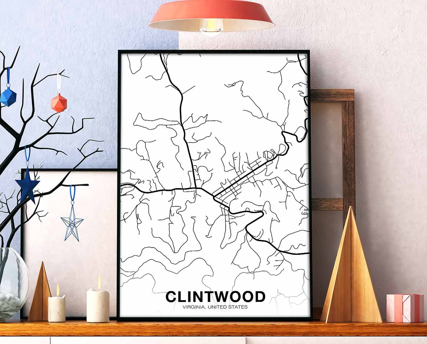 CLINTWOOD VA Virginia USA Map Poster Black White Hometown City