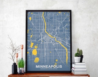 MINNEAPOLIS Minnesota USA night blue poster Hometown City Print Modern Home Decor Office Decoration Wall Art Dorm Bedroom Gift