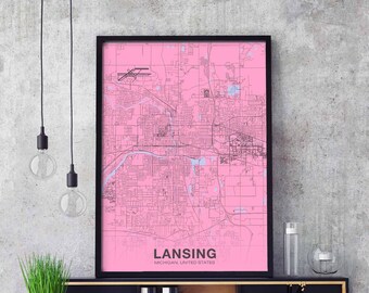LANSING Michigan MI US map poster color Hometown City Print Modern Home Decor Office Decoration Wall Art Dorm Bedroom Gift