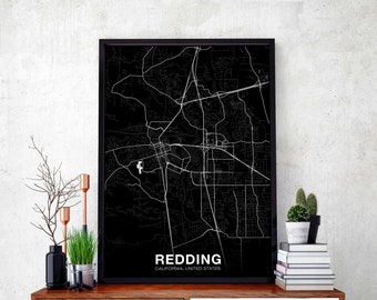 REDDING California CA USA map poster black white Hometown City Print Modern Home Decor Office Decoration Wall Art Dorm Bedroom Gift