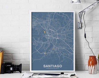 SANTIAGO Dominican Republic map poster color Hometown City Print Modern Home Decor Office Decoration Wall Art Dorm Bedroom Gift
