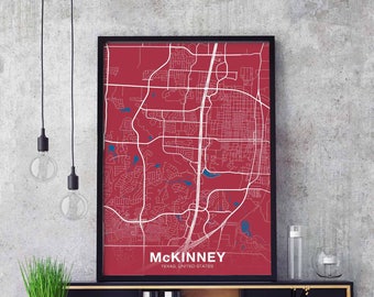 McKINNEY Texas TX USA map poster color Hometown City Print Modern Home Decor Office Decoration Wall Art Dorm Bedroom Gift