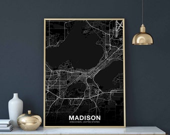MADISON Wisconsin WI USA map poster black white Hometown City Print Modern Home Decor Office Decoration Wall Art Dorm Bedroom Gift