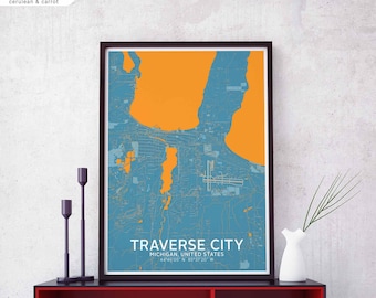 TRAVERSE CITY Michigan USA map poster black white Hometown City Print Modern Home Decor Office Decoration Wall Art Dorm Bedroom Gift