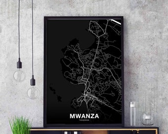 MWANZA Tanzania map poster black white Hometown City Print Modern Home Decor Office Decoration Wall Art Dorm Bedroom Gift