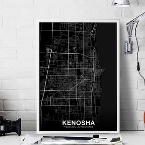 KENOSHA Wisconsin WI USA map poster black white Hometown City Print Modern Home Decor Office Decoration Wall Art Dorm Bedroom Gift