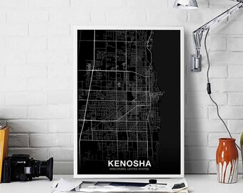 KENOSHA Wisconsin WI USA map poster black white Hometown City Print Modern Home Decor Office Decoration Wall Art Dorm Bedroom Gift