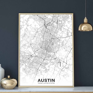 AUSTIN Texas TX carte des États-Unis affiche noir blanc ville natale ville impression moderne décor à la maison bureau décoration mur art dortoir chambre cadeau