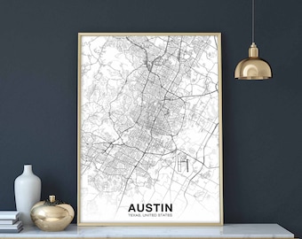 AUSTIN Texas TX US map poster black white Hometown City Print Modern Home Decor Office Decoration Wall Art Dorm Bedroom Gift