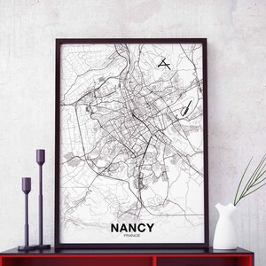 NANCY France carte affiche noir blanc ville natale ville impression moderne décor à la maison bureau décoration mur art dortoir chambre cadeau
