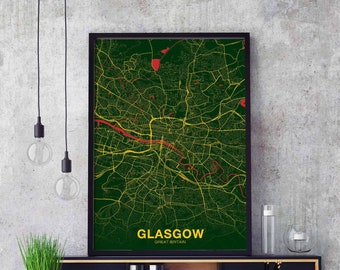 GLASGOW Great Britain GB uk map poster color Hometown City Print Modern Home Decor Office Decoration Wall Art Dorm Bedroom Gift