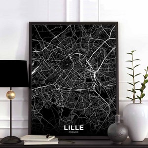 LILLE France carte affiche noir blanc ville natale ville impression moderne décor à la maison bureau décoration mur art dortoir chambre cadeau