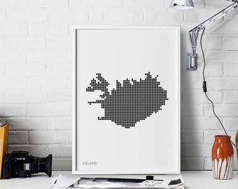 ICELAND minimal dots retro map poster black white wall decor design modern swiss scandinavian nordic housewarming travel