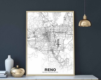 RENO Nevada NV USA map poster black white Hometown City Print Modern Home Decor Office Decoration Wall Art Dorm Bedroom Gift