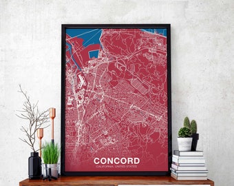 CONCORD California CA US map poster color Hometown City Print Modern Home Decor Office Decoration Wall Art Dorm Bedroom Gift