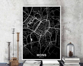 MONS Belgium map poster black white Hometown City Print Modern Home Decor Office Decoration Wall Art Dorm Bedroom Gift