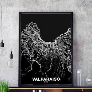 VALPARAISO Chile mapa plakat czarno-biały Miasto rodzinne Wydrukuj Nowoczesny wystrój domu Dekoracja biurowa Sztuka ścienna Sypialnia w akademiku Prezent