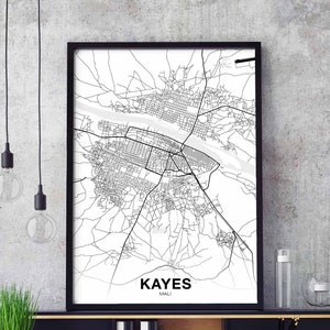 KAYES Mali carte affiche noir blanc ville natale ville impression moderne décor à la maison bureau décoration mur art dortoir chambre cadeau
